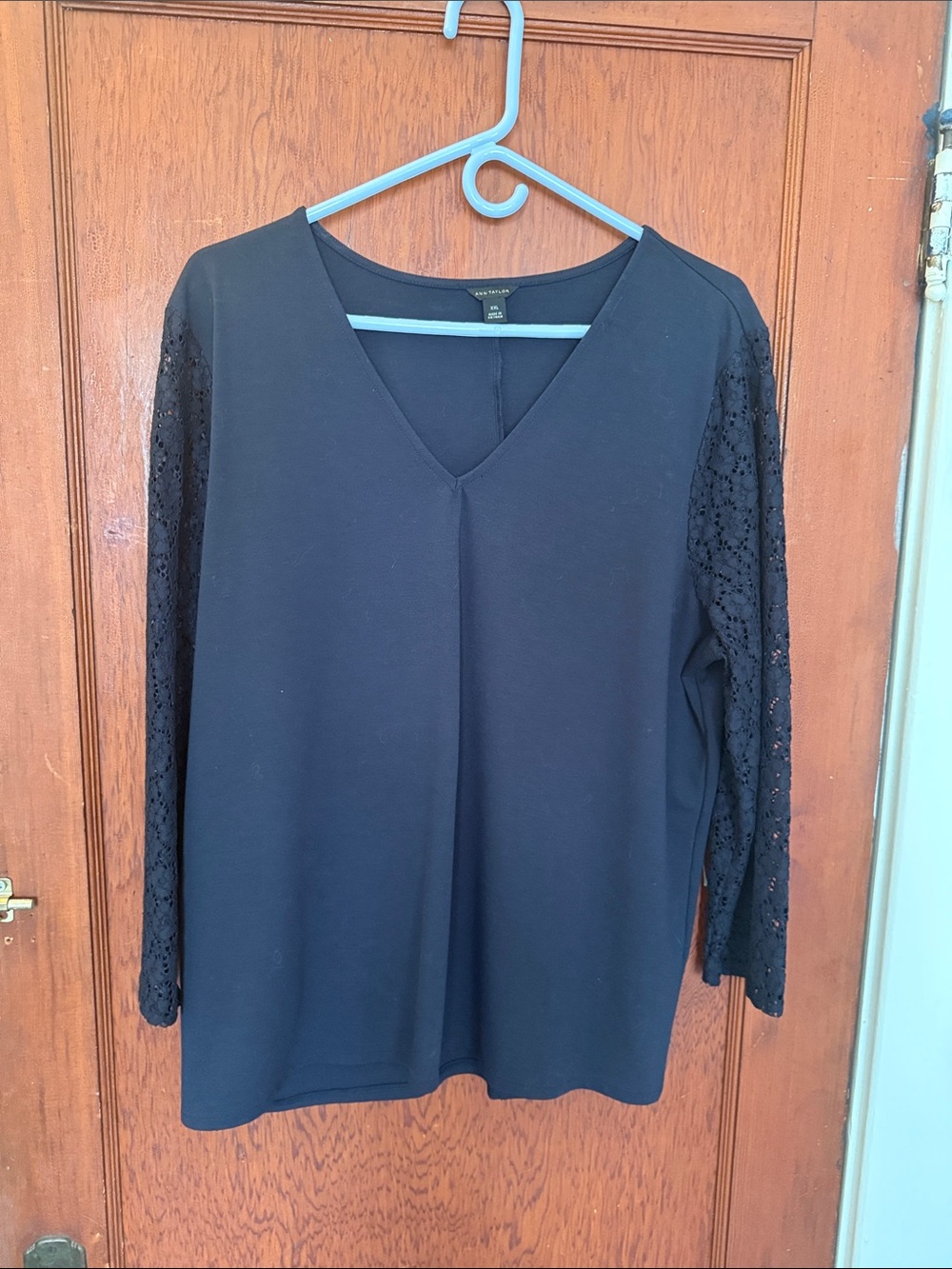 Ann Taylor Navy Blue V-Neck Long Sleeve Top with Lace Sleeves